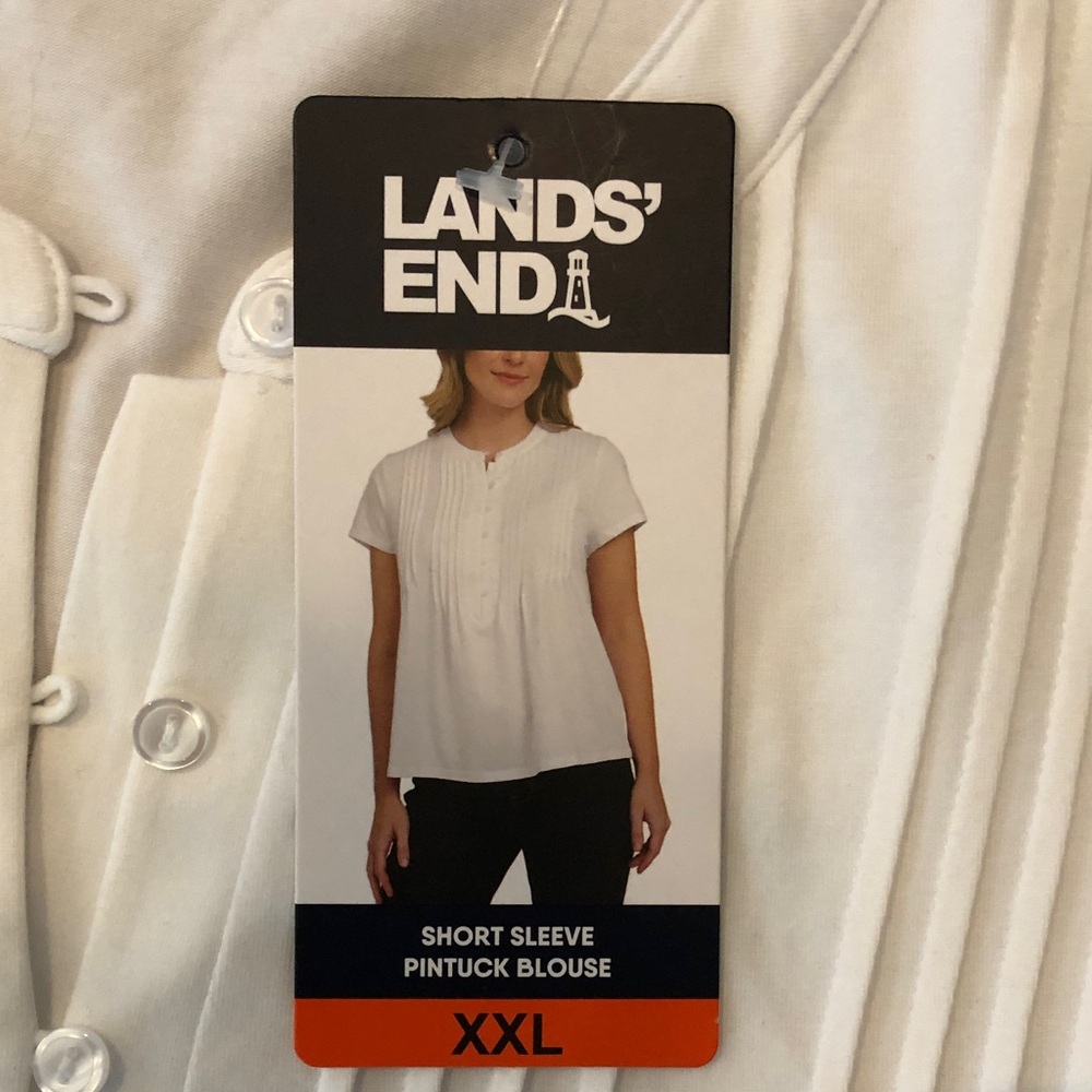 Lands' End White Short Sleeve Pintuck Button Front Top - Picture 3 of 9